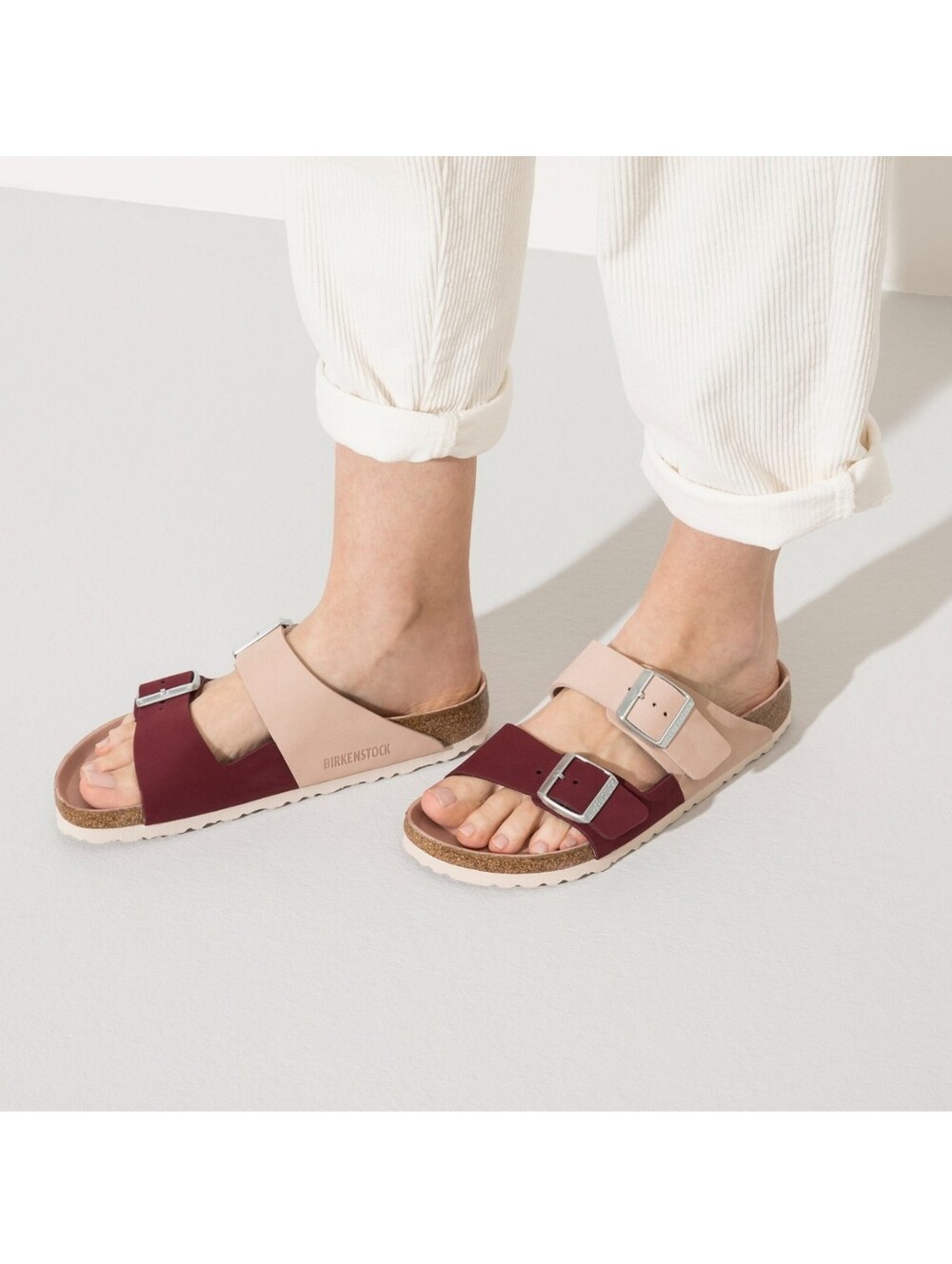 BIRKENSTOCK Arizona Split Color block Nubuck Sandals in Maroon